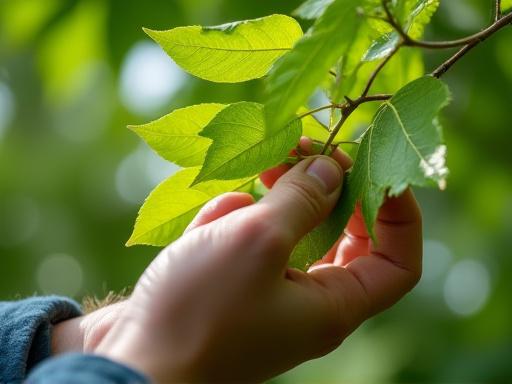 Close up of arborist inspecting vibrant green leaves for disease or pests