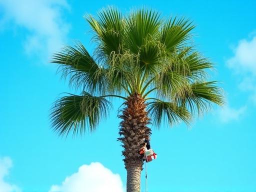 Arborist trimming a tall palm tree against a vibrant blue sky in Florida