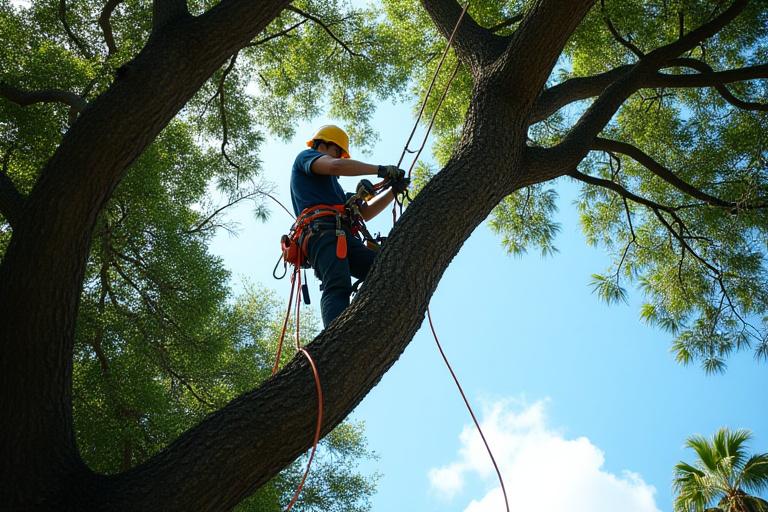 Arborist carefully thinning tree canopy to reduce wind load before a hurricane