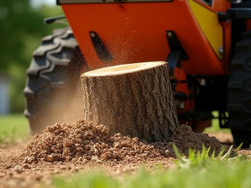Stump grinder machine processing a tree stump into mulch, clearig ground