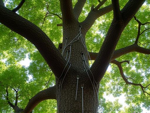 Steel cables installed between tree branches for structural support against wind